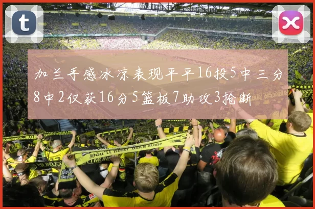 加兰手感冰凉表现平平16投5中三分8中2仅获16分5篮板7助攻3抢断